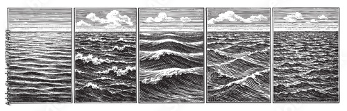 A five-panel illustration shows the evolution of ocean waves, from calm to rough, in a detailed black and white woodcut style.