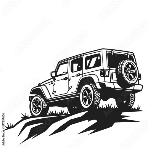 Off-road jeep wrangler on rocky terrain