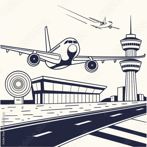Airport scene with planes and control tower
