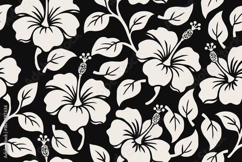 Seamless white hibiscus floral pattern on a deep black background, elegant tropical design perfect for wallpaper, fabric, fashion prints, and modern decor.