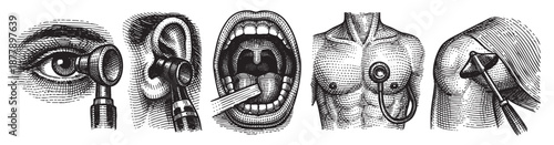 Vintage-style engravings show medical examinations: eye exam, ear exam, oral exam, chest exam with stethoscope, and reflex testing, useful for medical illustrations and presentations.