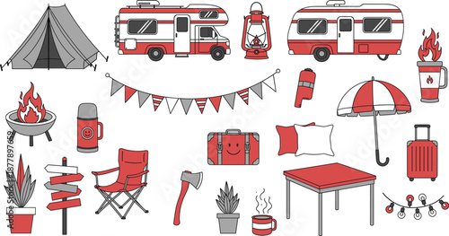 Camping and caravan travel illustration set with tent, camper van, fire, chairs, lantern, and outdoor adventure equipment