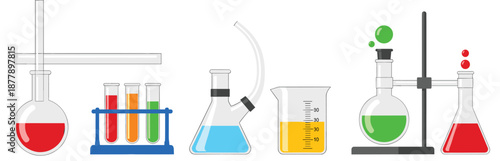 Chemistry Laboratory Equipment Vector Illustration Set Featuring Glassware, Test Tubes, Beakers, Flasks, and Scientific Experiment Tools for Education and Research Designs