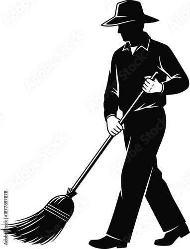 Silhouette of a worker with a broom, sweeping the ground, symbolizing manual labor and cleanliness