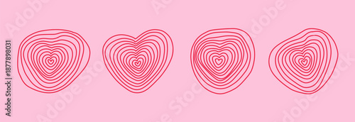 Hand drawn Topography stamp style hearts shape set. Contour heart form with irregular rings. Linear vector.