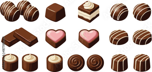 Chocolate Candy Collection Vector Set Featuring Assorted Pralines, Truffles, Filled Chocolates, and Sweet Confectionery Pieces for Packaging, Branding, and Dessert Designs