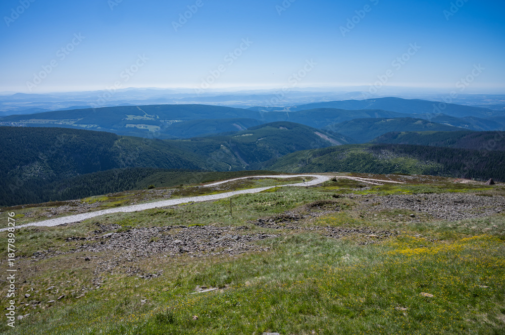 Obraz premium Sněžka Peak, Poland 02 July 2025, walk on Sněžka and view of Poland and the Czech Republic, visit to the top of the mountain.