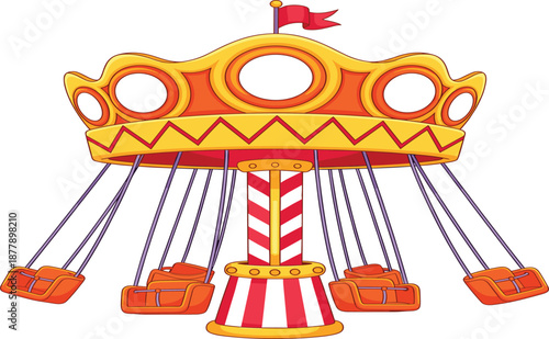 PrintAmusement park swing carousel ride illustration with colorful fairground attraction, fun carnival flat vector design