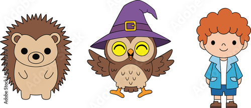 Cute hedgehog owl wizard and boy character set with fantasy and friendly cartoon style in flat vector illustration