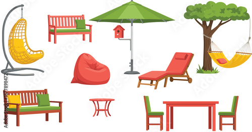 Outdoor garden and patio furniture set with benches, hammocks, sun loungers, umbrella, and relaxing backyard elements