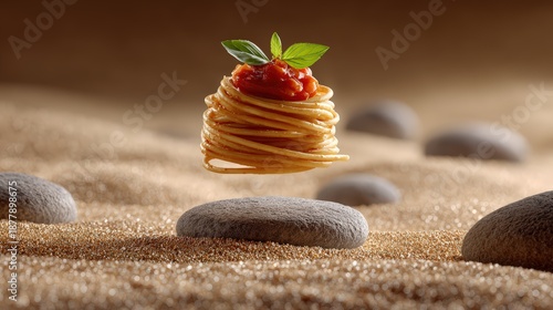 Wallpaper Mural Levitating Spaghetti Swirl with Tomato Sauce and Basil on Zen Stones Torontodigital.ca