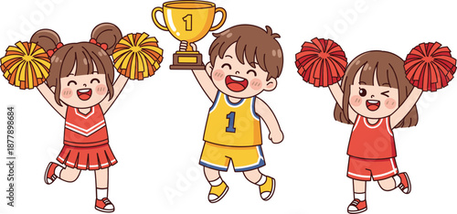 Cute kids cheerleading and sports victory illustration with trophy pom poms and happy children in flat vector style