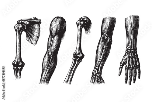 Anatomical drawing showcases the human arm, with detailed illustrations of bone and muscle structures, set against a clean white backdrop for clinical or educational purposes.