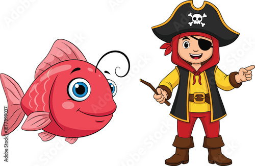 Cute pirate boy character with red fish illustration showing adventure fantasy and playful storytelling in flat vector style