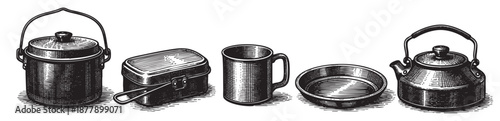 This monochrome illustration features a vintage collection of camping cookware in an engraved style, perfect for evoking nostalgia and outdoor themes.