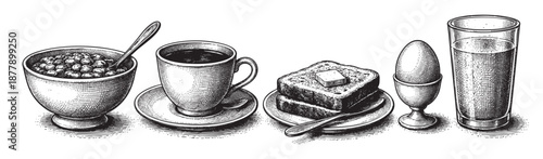 A vintage style etching depicts a breakfast still life featuring baked beans, coffee, toast with butter, boiled egg and a glass of milk.
