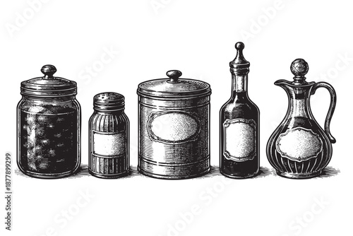 Row of classic jars, shakers, and bottles in a monochrome etched illustration style, useful for a vintage-themed design or culinary concept.