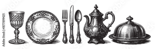 An engraved still life presents a set of antique silverware, including a wine glass, plate, cutlery, and teapot, with a cloche, all rendered in monochrome.