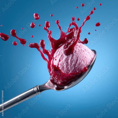 Wallpaper Mural Scoop of Pink Ice Cream with Red Berry Syrup Splash on Spoon Torontodigital.ca