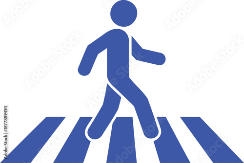 Blue person walking across white and blue striped crosswalk