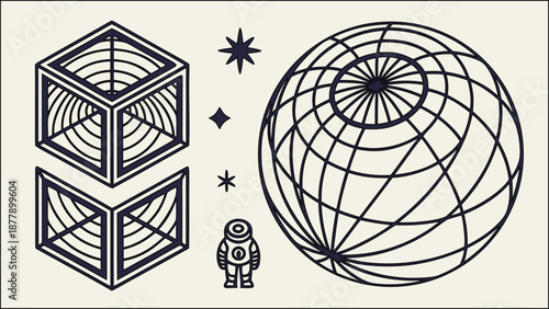 A set of abstract geometric elements forming a 3d global network globe icon to symbolize business technology and internet communication across the planet earth world map in this vector illustration de