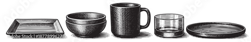 A collection of various bowls, a mug, and dishes stand together, rendered in a detailed black and white woodcut or engraving style.