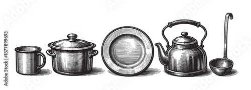 Engraving style illustration of kitchenware including a cup, pot, plate, kettle and ladle arranged in a line, against a white background for culinary design.