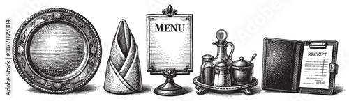 Detailed illustration featuring a vintage restaurant table setting with a plate, menu, condiment set, and receipt, perfect for food or dining concepts.