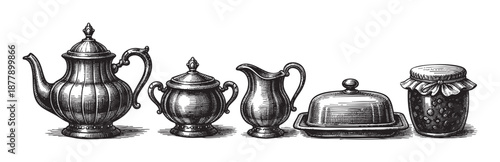 Detailed vintage illustration featuring a teapot, sugar bowl, creamer, butter dish, and jam jar, all rendered in a classic, engraved style.