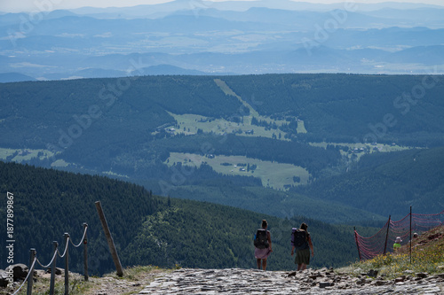 Sněžka Peak, Poland 02 July 2025, walk on Sněžka and view of Poland and the Czech Republic, visit to the top of the mountain.