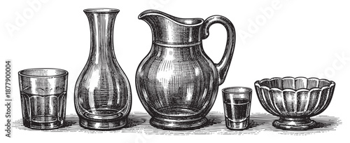 Hand-drawn illustration showing an assortment of glassware, including a vase, pitcher, drinking glasses, and a footed bowl, rendered in a detailed engraving style.