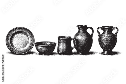 A line drawing shows a still life of pottery vessels, including a plate, bowl, mug, jug, and vase, rendered in a monochrome black and white style.