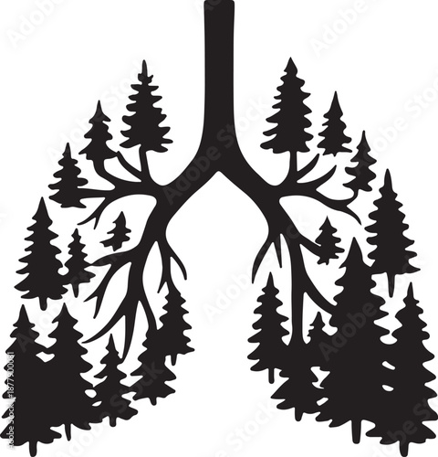 Forest shaped like lungs, environmental awareness, black silhouette vector"