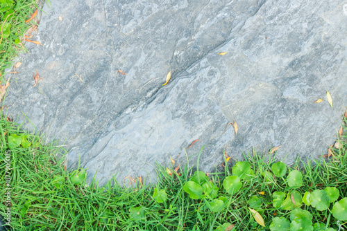Close-up view of granite laid on grass lawn, creating a natural