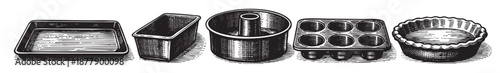 Vector illustration of various baking pans including a cake pan, muffin tin, pie dish, and square pan against a white background.