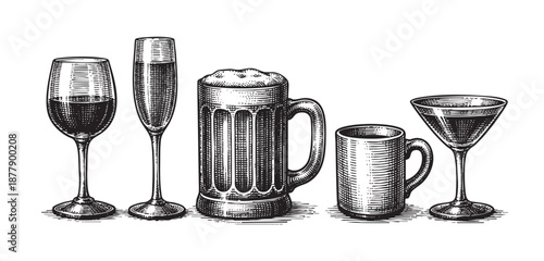 Woodcut illustration featuring assorted drinkware, including wine glass, champagne flute, beer mug, coffee mug, and martini glass, all rendered in a black and white engraving style.