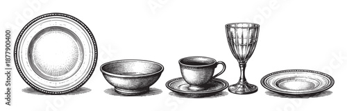 Detailed black and white sketch showing a plate, bowl, cup and glass in a row, isolated against a white background, suitable for use in culinary designs.