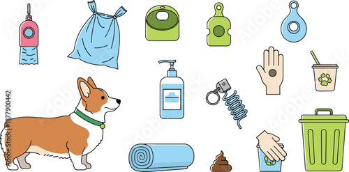 Dog walking and pet care icon set with waste bags leash hygiene and cleaning elements in flat vector illustration