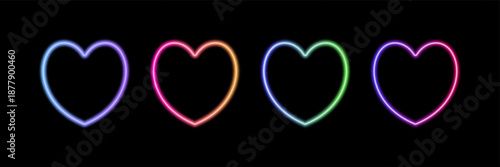 Glowing neon hearts set with glowing blue, green, pink and purple light effects, futuristic portal gateway, vibrant and LED illumination border, abstract vector frame composition.