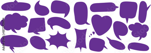 Purple speech bubble shape set isolated on white background. Abstract chat balloons and rounded dialogue forms in bold flat style. Communication design elements for comics, apps, social media, 