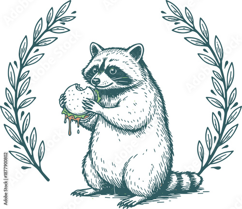 Hand-Drawn Raccoon Character with Burger and Leaves, Isolated on White Background