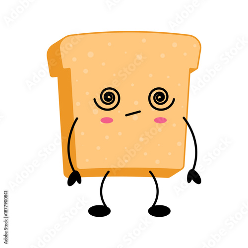 Funny kawaii toast bread character with dizzy eyes in cartoon style, great for breakfast themes, food stickers, and playful kitchen designs.