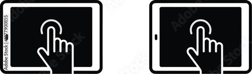 Two Tablet Computer Icons with Hand Touching Screen Black and White Vector Illustration for Technology Presentation Mobile App Development User Interface Design Digital Marketing Material Communicatio