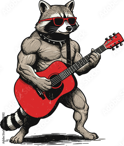 Muscular Raccoon Playing Acoustic Guitar with Sunglasses, Funny Character Art
