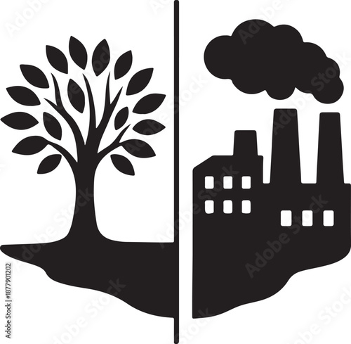 "Nature vs pollution contrast, awareness silhouette vector"