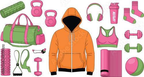 Fitness workout equipment and activewear collection with hoodie weights yoga mat and gym accessories in flat vector illustration