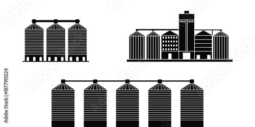 Stylized black grain elevators silos illustration storing agricultural products for farming industry modern food production and distribution vector graphic for company website infographic or agricultu