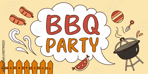 BBQ Party Invitation Banner with Grill and Sausages