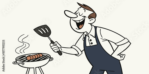 Happy Cartoon Man Grilling Sausages on a Small Barbecue Grill