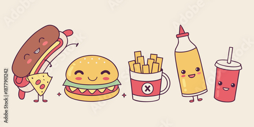 Kawaii Cartoon Fast Food Character Set Vector Illustration